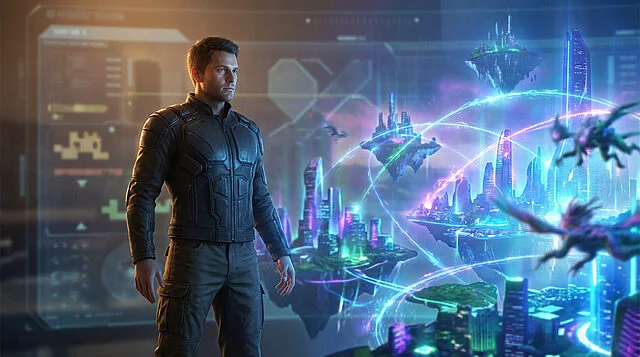 Héros futuriste : un monde de jeu vidéo immersif Héros de jeu vidéo en veste blindée, regardant une cité futuriste flottante avec des bâtiments lumineux et des créatures ailées.