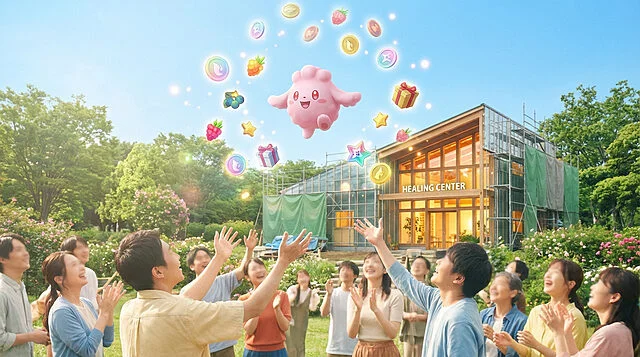 Un groupe de personnes joyeuses tend les bras vers un Mélofée flottant entouré de cadeaux et de baies, devant un Centre de Soins Pokémon.