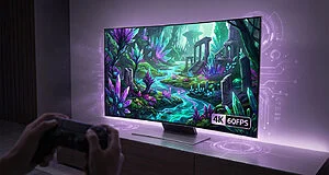 Mains tenant une manette devant un téléviseur incurvé affichant un jeu fantastique coloré en 4K 60FPS, éclairé par une lumière d'ambiance violette.