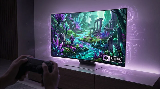 Projet Amethyst : L'expérience Gaming 4K 60FPS immersive Mains tenant une manette devant un téléviseur incurvé affichant un jeu fantastique coloré en 4K 60FPS, éclairé par une lumière d'ambiance violette.
