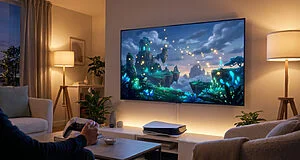 Personne jouant à la PS5 dans un salon, écran diffusant un paysage fantasy avec îles flottantes, plantes lumineuses et lucioles.