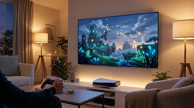 PS5 : Immersion dans un monde fantastique lumineux Personne jouant à la PS5 dans un salon, écran diffusant un paysage fantasy avec îles flottantes, plantes lumineuses et lucioles.