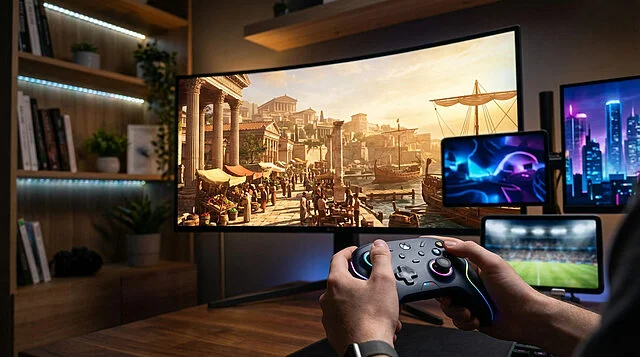 Gaming Xbox : Le setup idéal pour tester les jeux gratuits Mains tenant une manette Xbox lumineuse. Grand écran incurvé affiche un jeu antique, accompagné de deux écrans secondaires.