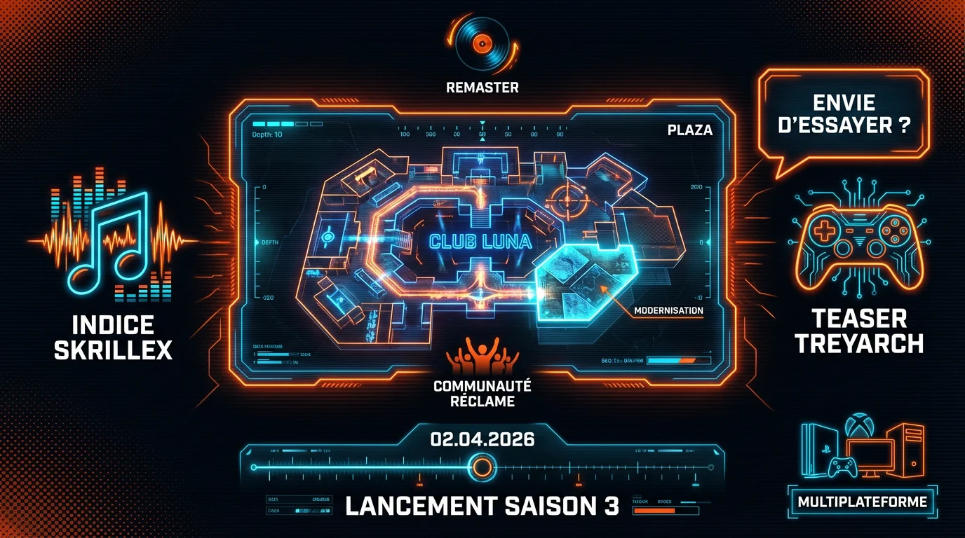 Infographie du lancement de la Saison 3 de Black Ops 7 incluant la carte Plaza