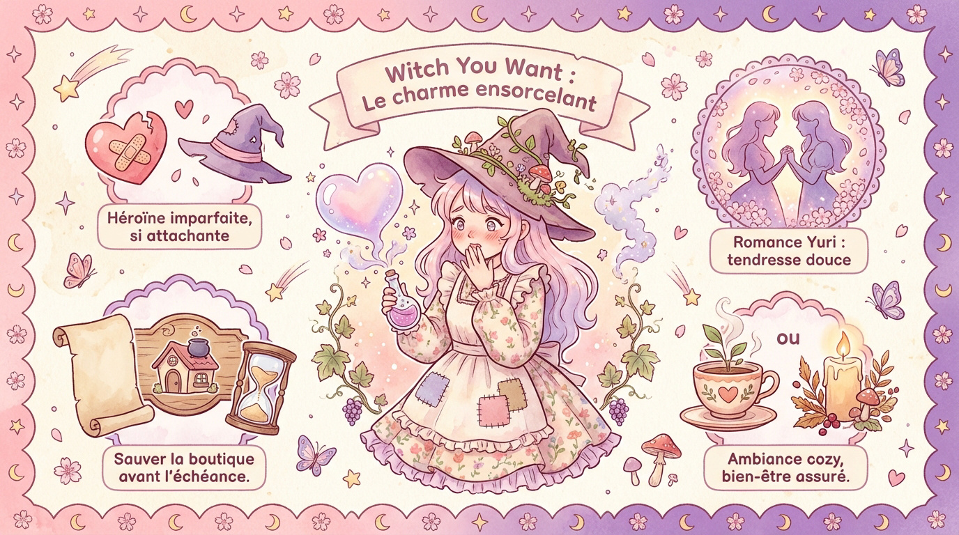 Mirabelle la sorcière de Witch You Want devant sa boutique de potions