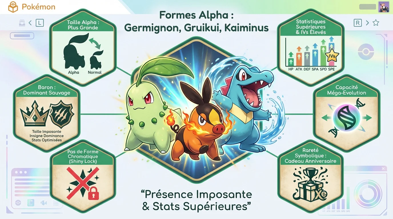 Infographie des starters Pokémon Germignon Gruikui et Kaiminus en forme Alpha