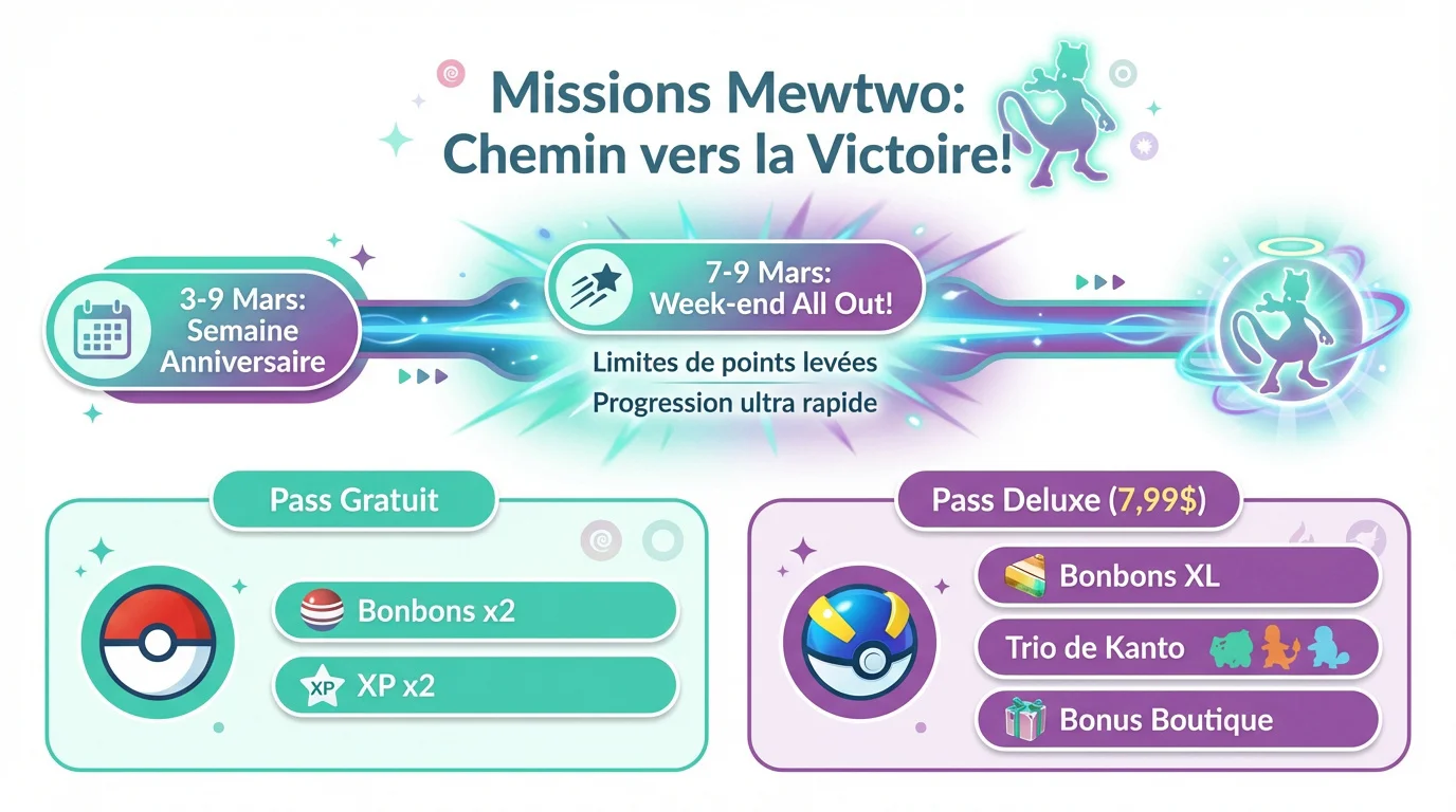 Infographie de l'événement Mewtwo dans Pokémon GO avec les détails du GO Pass