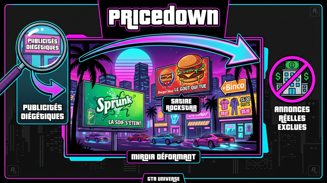 Infographie montrant les publicités fictives et l'immersion dans GTA 6