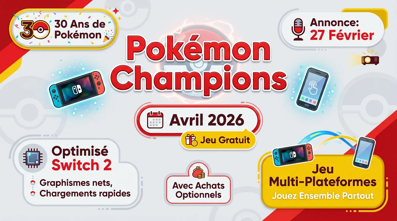 Infographie de l'annonce de Pokémon Champions pour le 30ème anniversaire et lancement sur mobiles