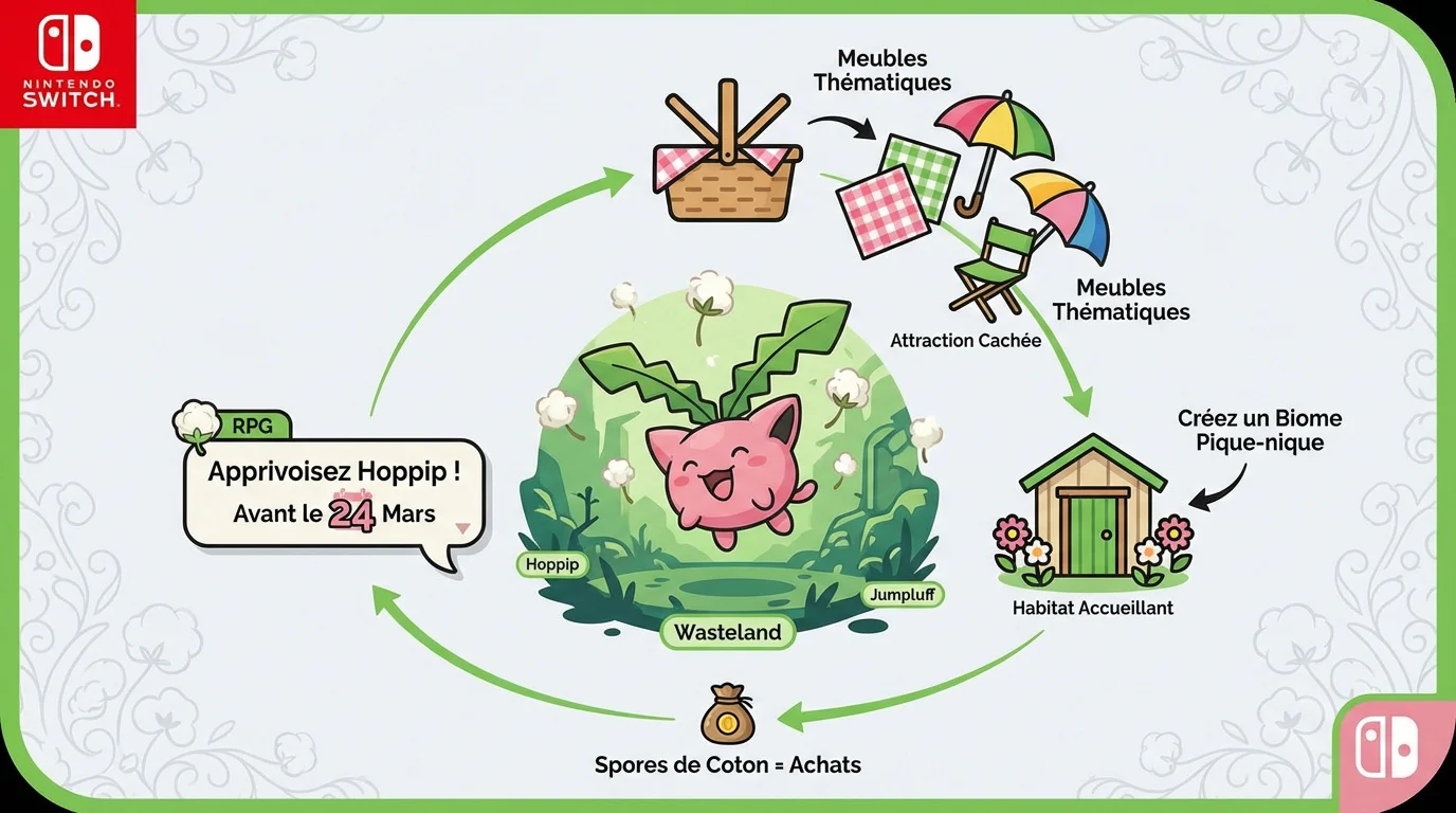 Infographie expliquant comment créer un biome pique-nique pour attirer des Pokémon dans Pokopia