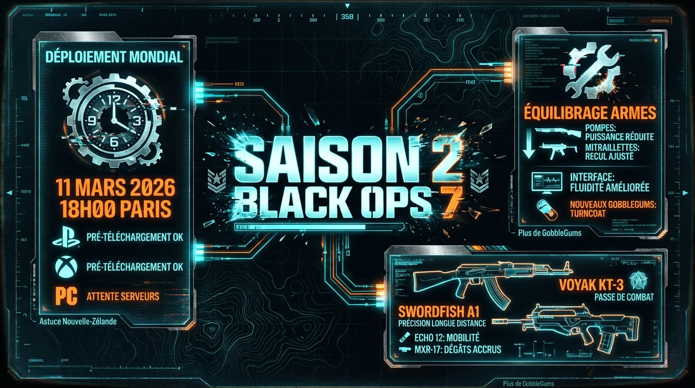 Infographie tactique de la saison 2 de Call of Duty Black Ops 7 détaillant les nouvelles cartes et armes