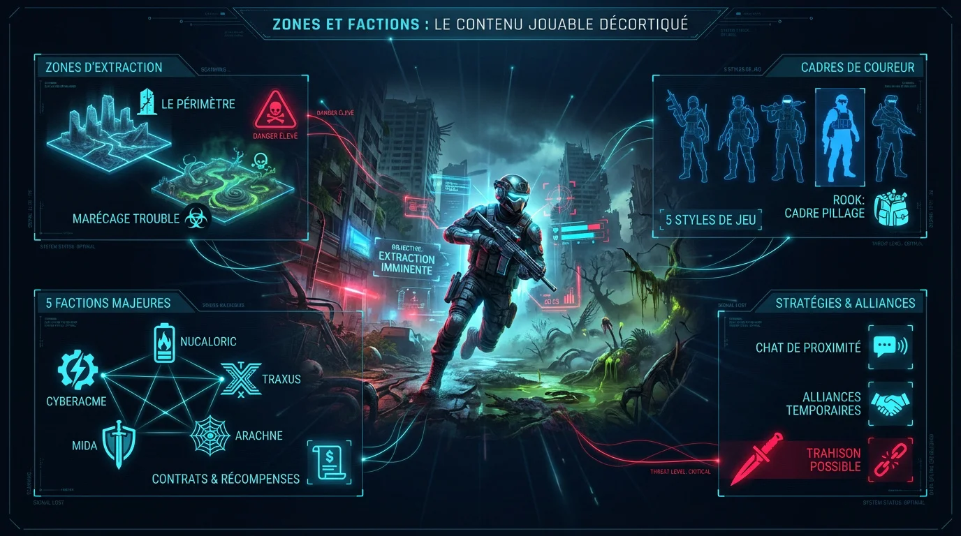 Infographie des zones et factions du jeu Marathon de Bungie