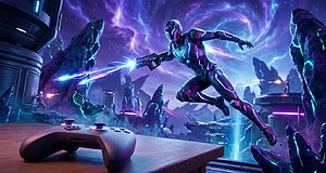 Manette PS5 DualSense au premier plan, devant une scène de jeu intense : un personnage futuriste tirant dans un décor cosmique violet et bleu.
