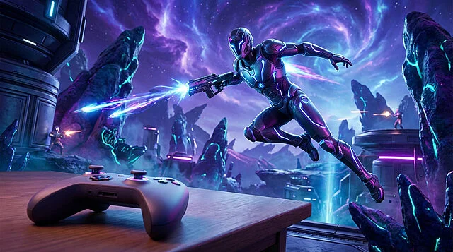 Manette PS5 DualSense au premier plan, devant une scène de jeu intense : un personnage futuriste tirant dans un décor cosmique violet et bleu.