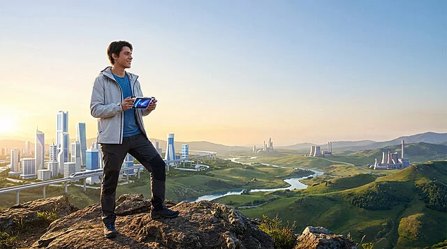 Unys : Paysage de jeu entre nature et futur technologique Jeune homme joue sur console au sommet d'une colline, regardant une région d'Unys mêlant ville futuriste, nature et industries.