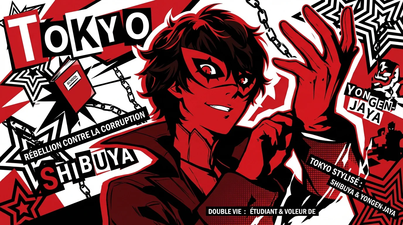 Joker des Phantom Thieves devant les néons de Tokyo dans Persona 5 Royal