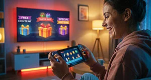 Femme souriante joue à un jeu pixelisé sur console portable (type Switch). TV affiche offres (contenu gratuit, cadeaux).