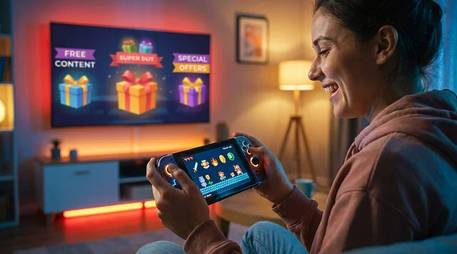 Mario Day 2026 : Plaisir de jeux et d'offres sur Switch Femme souriante joue à un jeu pixelisé sur console portable (type Switch). TV affiche offres (contenu gratuit, cadeaux).