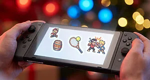 Mains tenant une Nintendo Switch avec des sprites rétro (Mario, baril, tennis, combat) sur l'écran, fond flou de lumières.