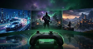 Une manette Xbox noire illuminée en vert devant trois écrans montrant un jeu de course futuriste, un jeu de tir et un jeu de fantaisie médiévale.