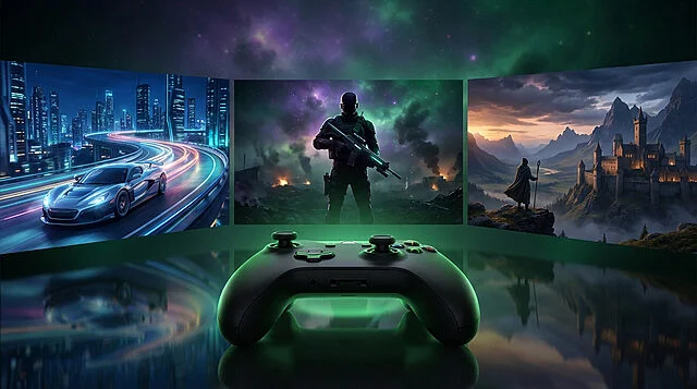 Une manette Xbox noire illuminée en vert devant trois écrans montrant un jeu de course futuriste, un jeu de tir et un jeu de fantaisie médiévale.