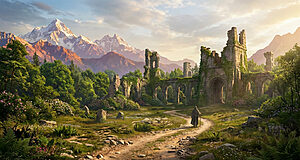 Paysage fantastique. Un voyageur solitaire sur un sentier menant à des ruines anciennes couvertes de verdure, sous des montagnes enneigées.