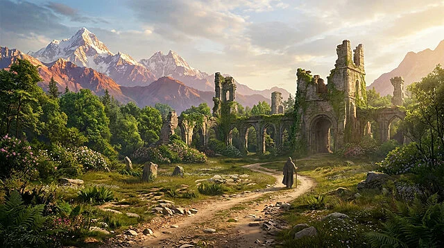 Un voyageur dans des ruines anciennes sous les montagnes Paysage fantastique. Un voyageur solitaire sur un sentier menant à des ruines anciennes couvertes de verdure, sous des montagnes enneigées.