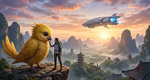 Personne caressant un Chocobo géant sur une falaise. Vaisseau spatial et pagodes dans un paysage montagneux brumeux au lever du soleil.