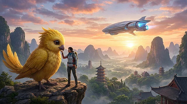 FF7 Remake 3 : Chocobo Géant et Mystères de l'Aube Personne caressant un Chocobo géant sur une falaise. Vaisseau spatial et pagodes dans un paysage montagneux brumeux au lever du soleil.