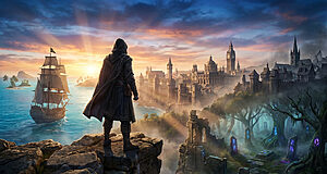 Assassin encapuchonné sur falaise surplombant un navire, une cité brumeuse et forêt mystique au lever/coucher du soleil.