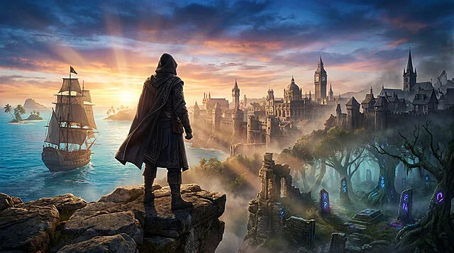 Assassin encapuchonné sur falaise surplombant un navire, une cité brumeuse et forêt mystique au lever/coucher du soleil.