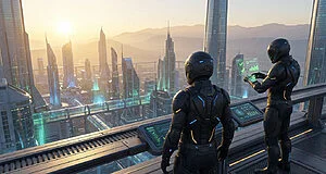 Deux personnages en armure futuriste sur un balcon dominant une ville technologique à l'aube. L'un consulte des données holographiques.