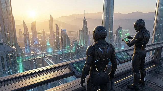 Horizon futuriste: Analyse de la stabilité urbaine Deux personnages en armure futuriste sur un balcon dominant une ville technologique à l'aube. L'un consulte des données holographiques.