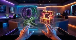 Mains interagissant avec écran holographique: chemin mystique, portail, coffre au trésor ouvert avec griffon, salle de jeux.