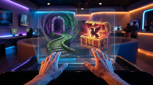 Trésors de jeux Epic : l'exploration en AR Mains interagissant avec écran holographique: chemin mystique, portail, coffre au trésor ouvert avec griffon, salle de jeux.