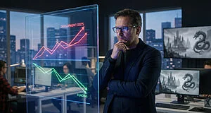 Un homme pensif devant un graphique holographique montrant des coûts de développement en hausse et un financement en baisse. Moniteurs avec art de dragon en arrière-plan.
