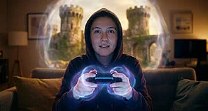 Une personne en sweat joue intensément à un jeu vidéo sur PlayStation, manette lumineuse à la main, avec un château fantastique en arrière-plan, symbolisant l'immersion.