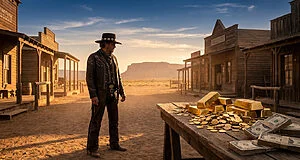 Un cowboy solitaire dans une ville poussiéreuse du Far West, face à une table couverte de lingots d'or, de pièces et de billets.