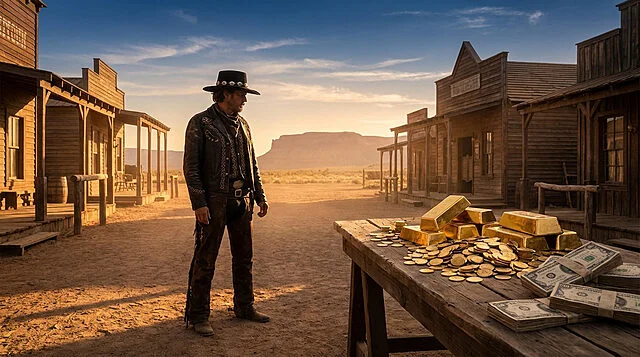 L'or et le butin du Far West Un cowboy solitaire dans une ville poussiéreuse du Far West, face à une table couverte de lingots d'or, de pièces et de billets.