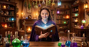 Une femme en cape violette lit un livre lumineux dans un cabinet de sorcière rempli de potions et de livres.