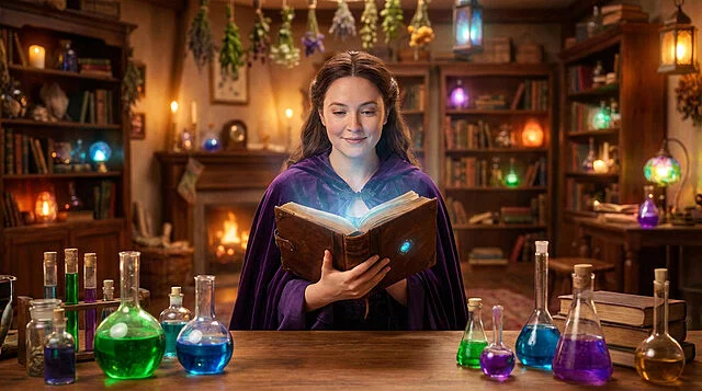 Sorcière lisant un grimoire lumineux Une femme en cape violette lit un livre lumineux dans un cabinet de sorcière rempli de potions et de livres.