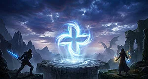 Un chevalier et un mage face à un symbole lumineux PlayStation Plus. En arrière-plan, montagnes, ruines et un dragon.