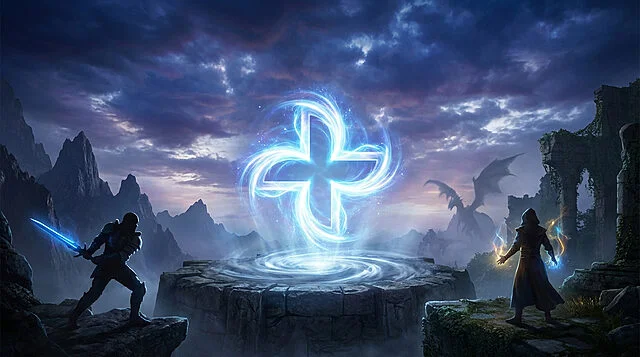 Un chevalier et un mage face à un symbole lumineux PlayStation Plus. En arrière-plan, montagnes, ruines et un dragon.