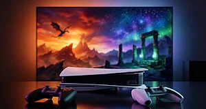 Console PlayStation 5 et deux manettes DualSense devant un écran avec scène fantastique de dragon et ruines.