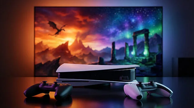 PS5 : Jeux Épiques et Manettes DualSense Console PlayStation 5 et deux manettes DualSense devant un écran avec scène fantastique de dragon et ruines.