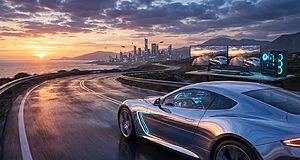 Voiture futuriste argentée sur route côtière au coucher du soleil. Un PC gaming dual-écran affiche la même scène à côté.