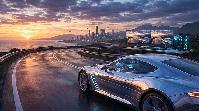 Voiture futuriste argentée sur route côtière au coucher du soleil. Un PC gaming dual-écran affiche la même scène à côté.