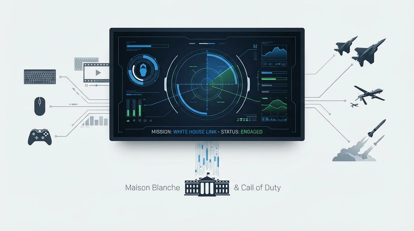 Montage vidéo de la Maison Blanche mêlant interface de jeu vidéo et frappes militaires réelles