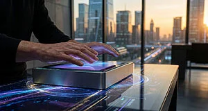 Mains interagissant avec un écran tactile futuriste lumineux sur une table, fond de ville moderne au coucher du soleil.