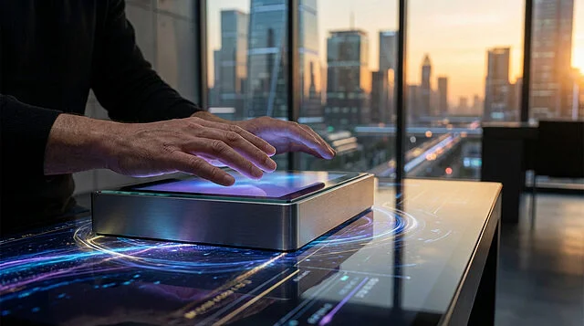 Technologie d'interaction numérique du futur Mains interagissant avec un écran tactile futuriste lumineux sur une table, fond de ville moderne au coucher du soleil.